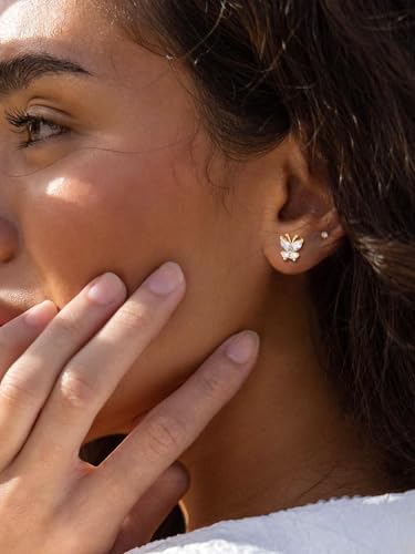 Suplight Butterfly Stud Earrings 925 Sterling Silver 14K Gold Brithstone Earrings for Women Brithstone Jewelry Gifts - color: 04.April ( Clear Quartz), size: Gold