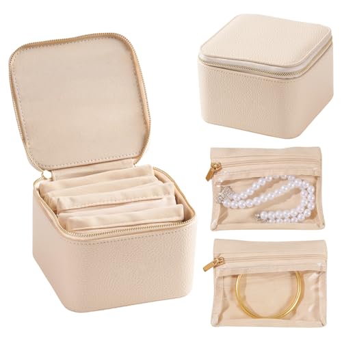 Travel Jewelry Case with 6 Velvet Zipped Pouches Bags, Beige | Lychee grain textured, pu leather surface & soft velvet lining, for jewelries necklaces rings earrings sorting storage - color: Beige - 6 Pouch