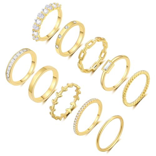 RLMOON Gold Ring Set for Women Dainty Silver Rose Gold Stackable Rings | 14K Gold Plated Simple Heart CZ Pinky Stacking Thumb Rings Plain Band Size 4-12(8-12PCS) - color: 10PCS Gold Rings