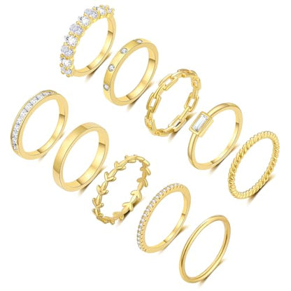 RLMOON Gold Ring Set for Women Dainty Silver Rose Gold Stackable Rings | 14K Gold Plated Simple Heart CZ Pinky Stacking Thumb Rings Plain Band Size 4-12(8-12PCS) - color: 10PCS Gold Rings