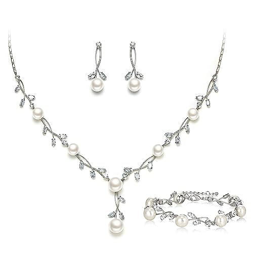 EVER FAITH Cubic Zirconia Pearl Leaf Vine Wedding Jewelry Set for Bride | Crystal Filigree Bridal Necklace Earrings, for Women Bridesmaid - color: 3pcs_Clear Silver-Plated-Brass