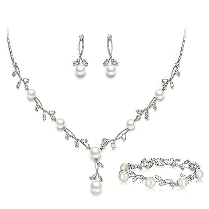 EVER FAITH Cubic Zirconia Pearl Leaf Vine Wedding Jewelry Set for Bride | Crystal Filigree Bridal Necklace Earrings, for Women Bridesmaid - color: 3pcs_Clear Silver-Plated-Brass