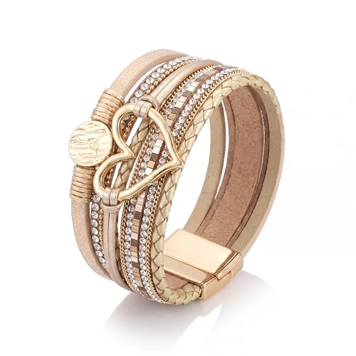 Edoneery Leather Wrap Bracelets for Women, Boho Layered Cuff Bangle | Multi-layer leather cuff, daily wear, stackable bangle, easy on-off, western jewelry gifts for women - color: Gold-5