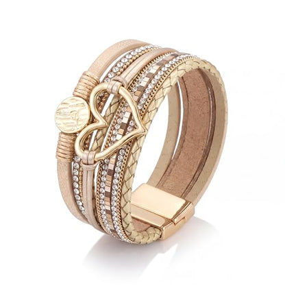 Edoneery Leather Wrap Bracelets for Women, Boho Layered Cuff Bangle | Multi-layer leather cuff, daily wear, stackable bangle, easy on-off, western jewelry gifts for women - color: Gold-5