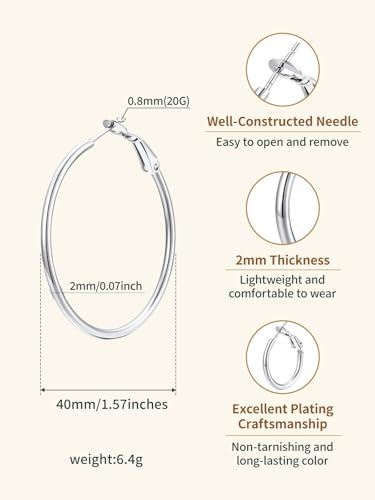 FindChic Thin Hoop Earrings for Women,Silver/Black/Gold Plated 20-100mm - color: Silver, size: 40mm