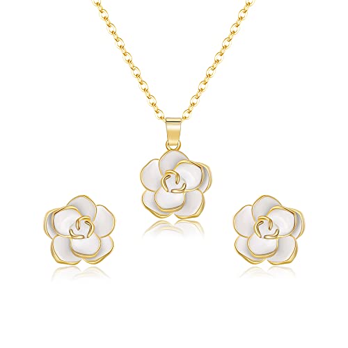 EleQueen Rose Flower Necklace Earrings Bracelet Set for Women - color: 06_White