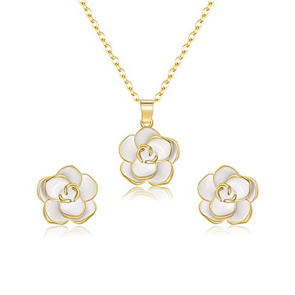 EleQueen Rose Flower Necklace Earrings Bracelet Set for Women - color: 06_White