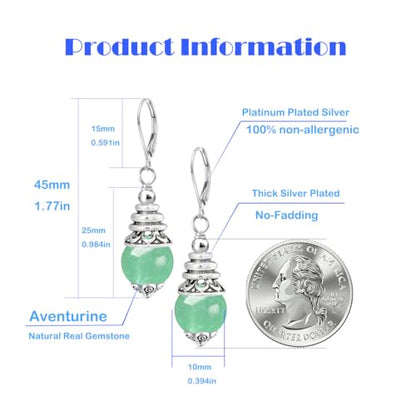 Natural 10mm Stone Beads Drop Earrings,Retro Silver Round Quartz Crystal Gemstone Beads Dangle Earrings for Women - color: A06_Aventurine