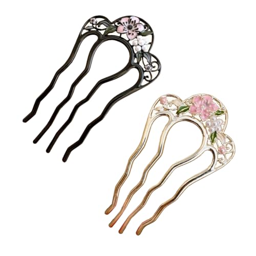 2 Pack Flower Pattern U Shaped Hair Pins for Buns Creative 4 Prong Hair Updo Hair Sticks Metal Teeth Hair Fork Clips Attractive Hair Accessories (Multi-Color)