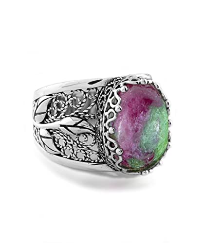 Filigranist 925 Sterling Silver Filigree Art Lace Embroidery Tulip Detailed Gemstone Women Cocktail Ring, Luxurious Gift Boxed - color: Ruby Zoisite