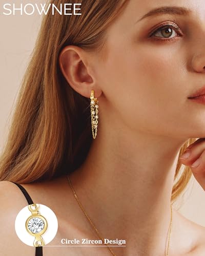 Tassel Chain Small Gold Hoop Dangle Earring For Women Huggie Earring Heart Star CZ 14K Gold Plated Fashion Jewelry Graduation Gift for Her Mothers Day Gifts for Mom - color: Circle-Gold