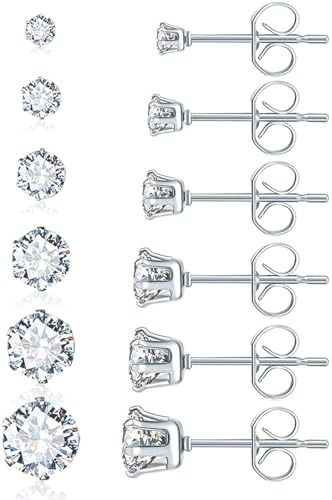 6 Pairs Silver Stud Earrings for Women 3-8 Mm 316L Hypoallergenic Cubic Zirconia Surgical Stainless Steel Earring Studs