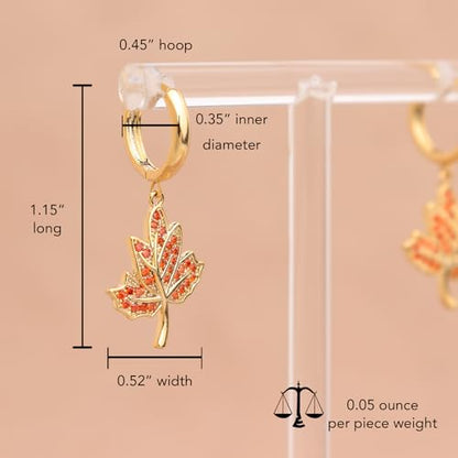 Sonateomber Christmas Tree Dangle Small Gold Hoop Earrings for Women, Cute Sparkly CZ Rhinestone Maple Clover Leaf Drop Earings Thanksgiving Holiday Accessories Fashion Jewelry Gift - color: Fall Orange