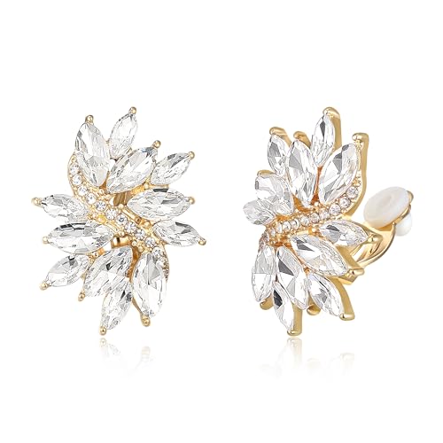 EVER FAITH Sparkly Rhinestone Clip-on Earrings for Women Bride, Fashion Marquise Crystal Cluster Wedding Bridal Stud Earring for Prom Formal Party - color: Clear Gold-Tone