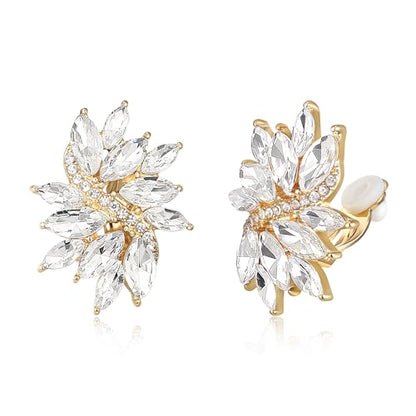 EVER FAITH Sparkly Rhinestone Clip-on Earrings for Women Bride, Fashion Marquise Crystal Cluster Wedding Bridal Stud Earring for Prom Formal Party - color: Clear Gold-Tone
