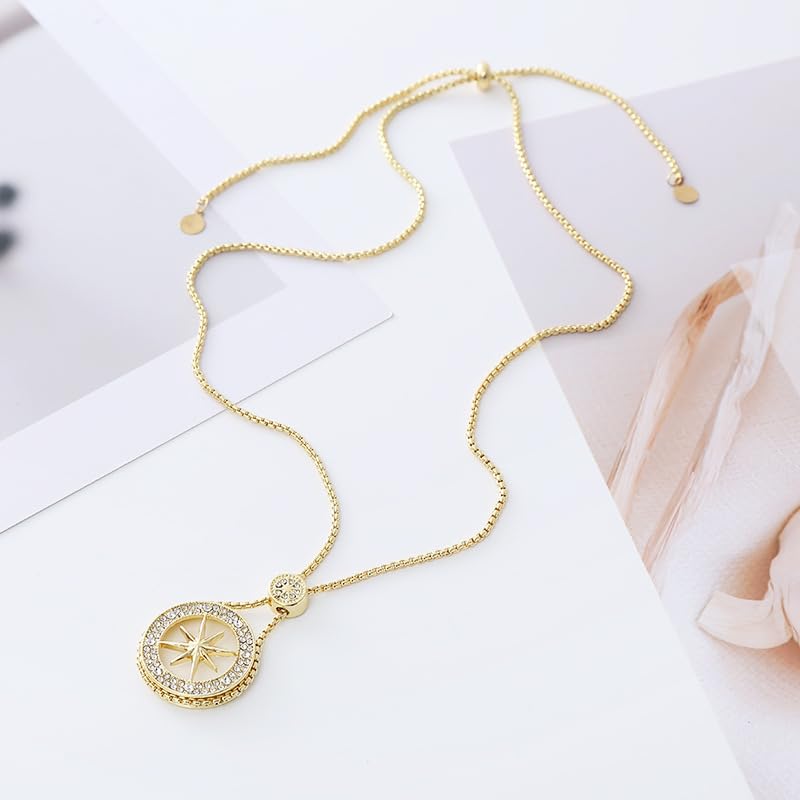 18K Gold Plated Compass Star Statement Pendant Necklace with Cubic Zirconia Accents