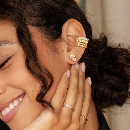Sparkle Ear Cuff for Women, Non Piercing Single | 14K Gold Plated Brass, Clear Cubic Zirconia Accents, Fixed 3.8-3.9 mm Opening, Single Non-Piercing Cuff For Ear Stacks - style: Cubes Beaded