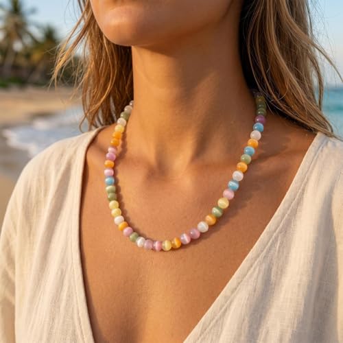 Dopamine Necklace UV Reactive Colorful Rainbow Beaded Necklace Dopamine Jewelry Set Color Changing Mood Necklaces Bracelet Earrings Summer Beach Vacation Gift for Women - color: B2：silver necklace Changing