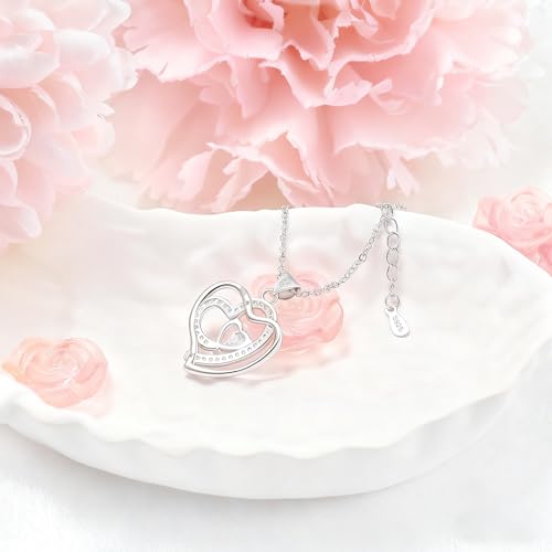 Sterling Silver Pendant Necklace for Women - Adjustable Double Heart Necklace Hypoallergenic Cubic Zirconia Love Heart-Shaped Charm Necklaces Classic Elegant Jewelry Gifts for Her Mom Wife,19inch