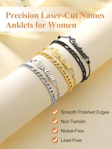 Custom4U Custom Name Anklet Bracelets for Women Waterproof Beaded/Figaro/Cuban/Rope/Wheat Chain Anklet Stackable Gold Plated Non Tarnish Custom Beach Gift Barefoot Summer Jewelry for Her - color: C03-Black Figaro Chain