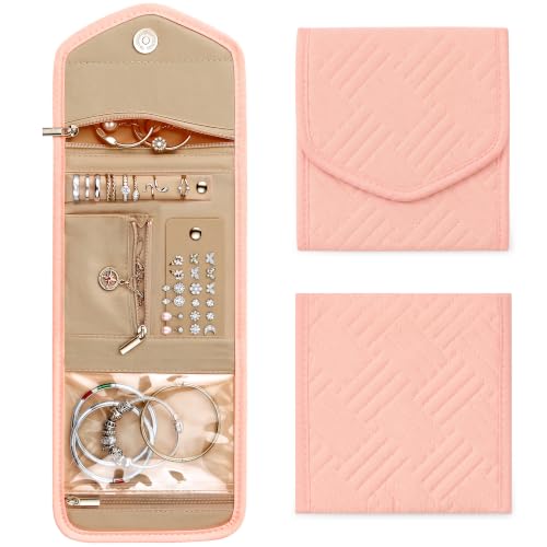 Sodsay Travel Jewelry Case Foldable Travel Jewelry Organizer for Women | 5 Compartments, Quilted Cotton & Polyester, Scratch Resistant, Foldable Lightweight, Travel Friendly, Gift for Women - color: Pink