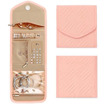 Sodsay Travel Jewelry Case Foldable Travel Jewelry Organizer for Women | 5 Compartments, Quilted Cotton & Polyester, Scratch Resistant, Foldable Lightweight, Travel Friendly, Gift for Women - color: Pink
