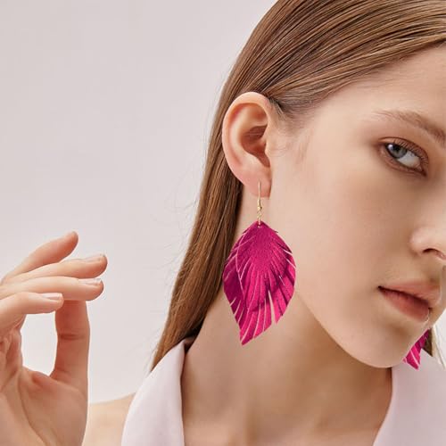 Handmade Bohemian Large Soft Genuine Leather Fringe Double Feather Dangle Drop Earrings Lightweight Simple Color PU Leaf Hook Earrings for Women - color: Rose Red