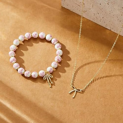 3PCS Bow Beaded Jewelry Set for Women Vintage Handmade Flower Blue And White Porcelain Enamel Ribbon Necklace Bracelet and Earrings Bow Christmas Birthday Holiday Charm Romantic Jewelry Gifts - style: Style B