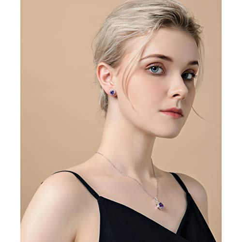 AMYJANE Halo Crystal Jewelry Set - Sterling Silver Round Cubic Zirconia Crystal Bridal Pendant Necklace Earrings Set for Wedding Bride Bridesmaids - color: Amethyst