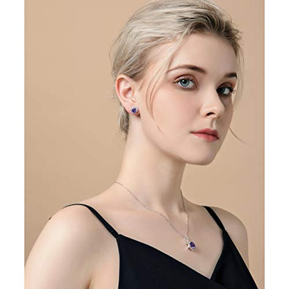 AMYJANE Halo Crystal Jewelry Set - Sterling Silver Round Cubic Zirconia Crystal Bridal Pendant Necklace Earrings Set for Wedding Bride Bridesmaids - color: Amethyst