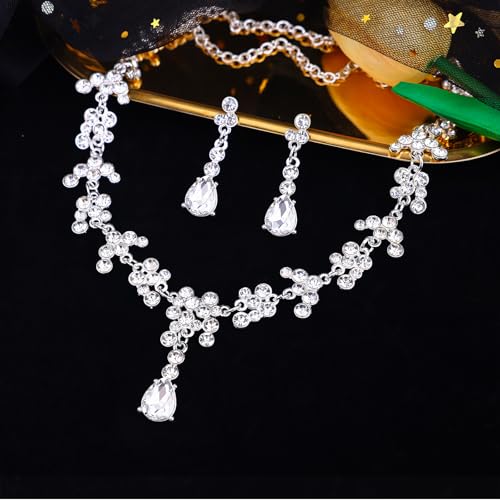 Crystal Crown and Tiara Jewelry Set for Women Bride with Necklace Earrings | Metal Rhinestone Royal Queen Princess Jewelry Set Wedding Quinceanera Pageant Prom Birthday Halloween Party Costume Gift - color: Silver