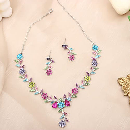 Flower Leaf Crystal Pendant Necklace Dangle Earrings Link Bracelet Bride Bridesmaid Jewelry Sets for Women Wedding Party - color: Multicolor-Platinum Plated