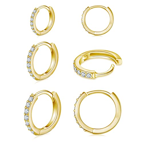 3 Pairs 925 Sterling Silver Small Hoop Earrings for Women Men | Cubic Zirconia, 14K White Gold Plated Huggie Hoop Earrings, Hypoallergenic - style: G-gold 8/10/12mm