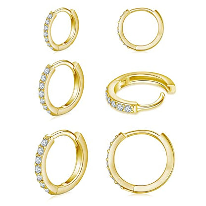 3 Pairs 925 Sterling Silver Small Hoop Earrings for Women Men | Cubic Zirconia, 14K White Gold Plated Huggie Hoop Earrings, Hypoallergenic - style: G-gold 8/10/12mm