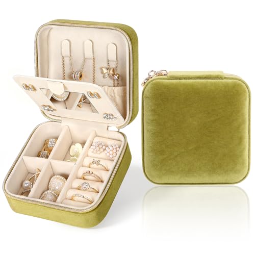 MFXIP Plush Velvet Travel Jewelry Case Small Jewelry Box Jewelry Organizer Storage Case Portable Jewelry Travel Case for Girls Womens Earring, Necklace, Rings,Bracelets with Mirror - color: Army Green