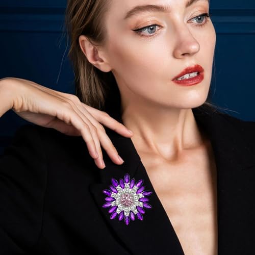 Rhinestone Sunflower Brooch for Women Sparkling Cubic Zirconia Flower Brooch Pin Elegant Large Crystal Floral Lapel Pin Dainty Clothing Hat Bag Accessories Christmas Wedding Bridal Birthday Jewelry - color: Purple