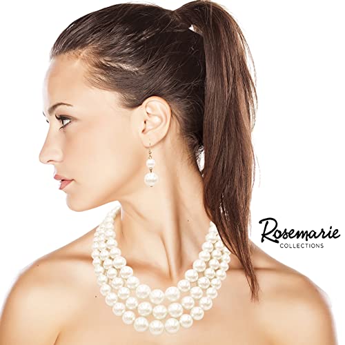 Rosemarie & Jubalee Women's 3 Colorful Multi Strands Simulated Pearl Necklace And Earrings Jewelry Gift Set, 18"+3" Extender - color: Cream Gold Tone - Double Ball Earring