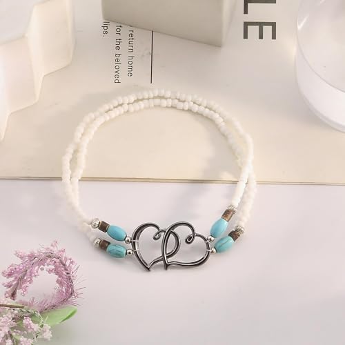 Elastic Beaded Ankle Bracelets for Women Double Heart Layered Stretch Ankle Bracelets Waterproof Dainty Boho Beaded Anklets for Summer Beach Foot Jewelry - color: White Black
