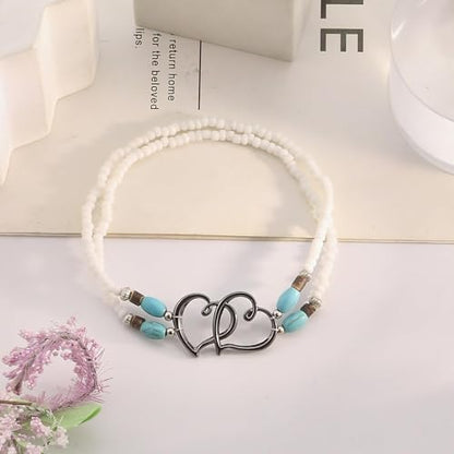 Elastic Beaded Ankle Bracelets for Women Double Heart Layered Stretch Ankle Bracelets Waterproof Dainty Boho Beaded Anklets for Summer Beach Foot Jewelry - color: White Black