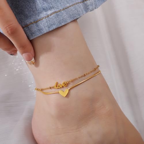 Dainty Gold Anklets for Women Stainless Steel Simple Ankle Bracelets Summer Beach Foot Chain Jewelry Gift - color: Double-layer Love Heart