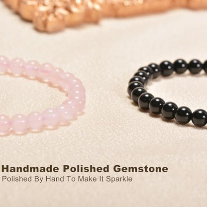 2PCS Agate Bracelet for Women Men Natural Round Beaded Agates Stone Healing Stretch Bracelets Elastic Handmade Polished Gemstone Beads Bracelet - color: Black+Pink Quartz, size: 6mm Beads