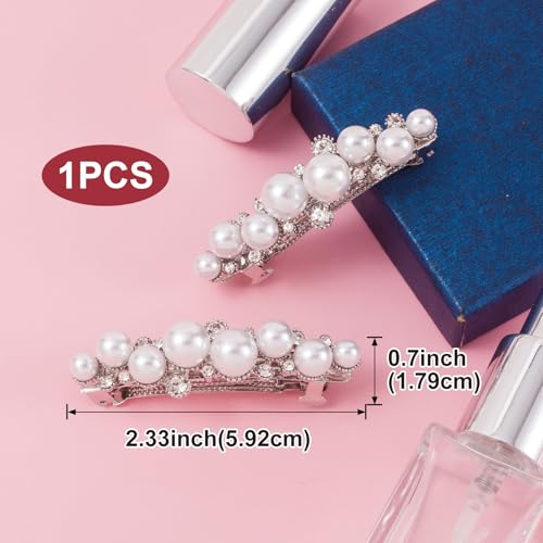 OIIKI Pearl Hair Snap Clips for Wedding, Silver, Style 1, 1pcs | Elegant Pearl Barrettes with Pins for Women, Brides, Parties, Daily Use
