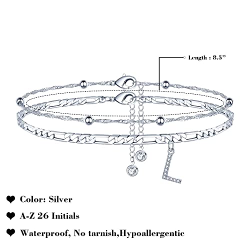 Ankle Bracelets for Women, 14K Gold Plated Dainty Layered Chain CZ Initial Anklets Summer Jewelry Gifts for Women - style: L-Silver