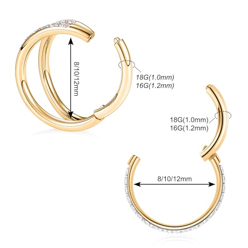 GAGABODY 2 Pcs Nose Rings 22G 20G 18G 16G 14G 12G 10G 8G Surgical Steel Piercing Rings for Nose Septum Cartilage Helix Tragus Conch Rook Daith Lobe from 5mm to 16mm Seamless Hoop Unisex Hinged Earrings - color: Gold-Single CZ+Double CZ