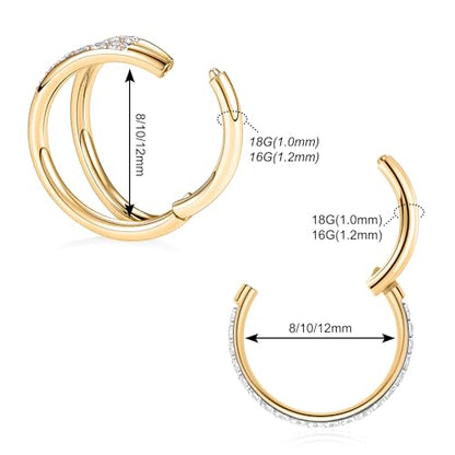 GAGABODY 2 Pcs Nose Rings 22G 20G 18G 16G 14G 12G 10G 8G Surgical Steel Piercing Rings for Nose Septum Cartilage Helix Tragus Conch Rook Daith Lobe from 5mm to 16mm Seamless Hoop Unisex Hinged Earrings - color: Gold-Single CZ+Double CZ