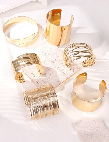 REVOLIA 6Pcs Chunky Cuff Bracelets Set for Women Minimalist Irregular Statement Wrist Cuff Adjustable Hammered Bangles Bracelets Open Wide Wire Arm Cuff Bracelet - color: Gold-B