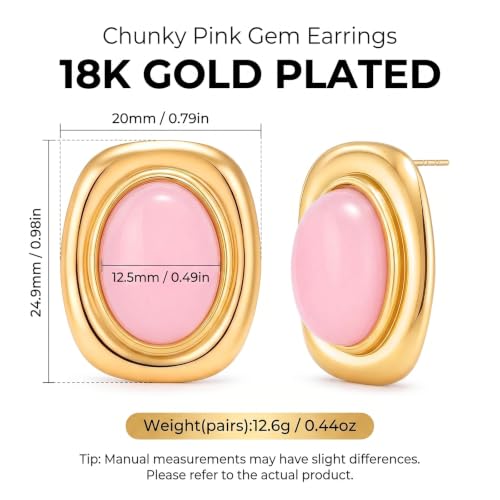Chunky Gold Stud Earrings for Women 18K Gold Plated Hypoallergenic Chunky Statement Earrings Big Natural Crystal Stone Earring Gift for Women - color: Rose Quartz