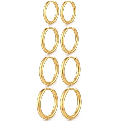 Small Hoop Earrings for Women, Stainless Steel Huggie Hoop earrings, 18G | 2/4/6 Pairs, 6mm/8mm/12mm Small Hoop Earrings, Lobe Helix Conch Tragus Daith Rook Cartilage Piercing Jewelry,Gold Silver - color: Golden-4pairs-6/8/10/12mm