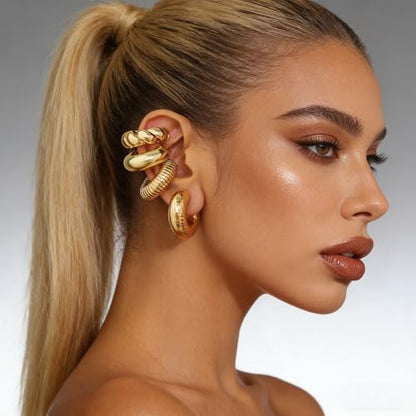 4pcs Chunky Gold Silver Ear Cuff Set for Women Punk Metallic Twist Non Piercing Clip Cuff Earrings Trendy Jewelry Set for Daily Party - style: style A