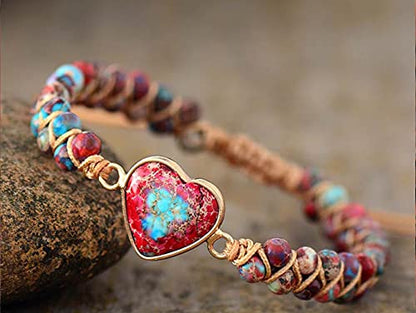 Women Boho Wrap Bracelet,Handmade Natural Stone Crystal Emperor Beads Heart Bracelet, Fashion Bohemian Jewelry Gift for Women - color: Emperor Jasper